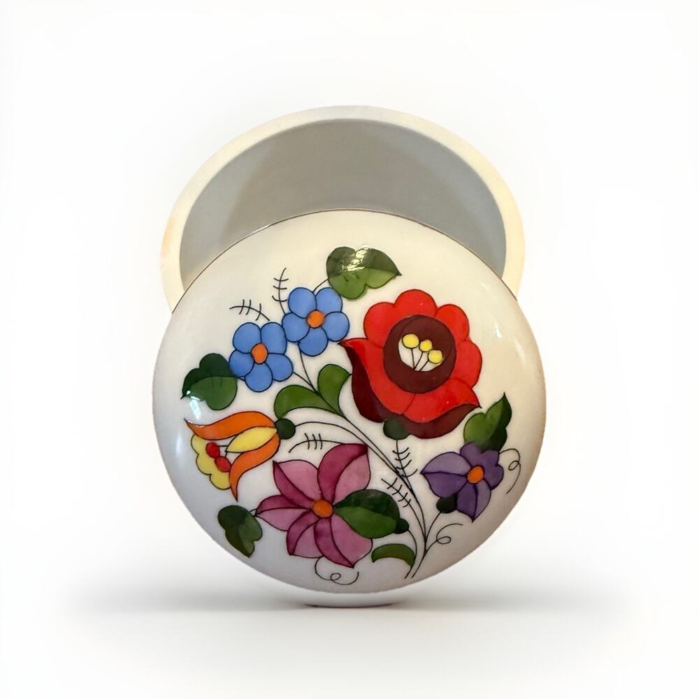 Kalocsa Hungary Floral Hand Painted 3x3 Inch Trinket Box Floral Folk Art